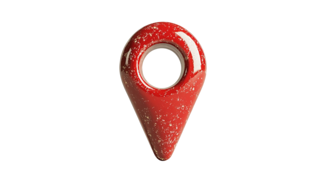 Png of A glossy red location pin with a worn texture, symbolizing navigation and wayfinding, on a dark background.