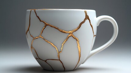 Kintsugi Repaired White Ceramic Mug With Gold Seams And Handle High Resolution Images
