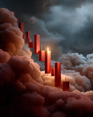 Glowing red candlestick chart dropping steeply into storm clouds representing financial crash and extreme market volatility

