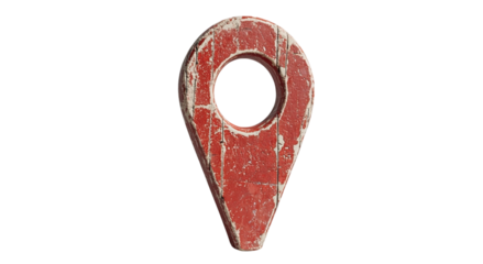Png of A weathered red location pin, symbolizing navigation and mapping in a digital age.