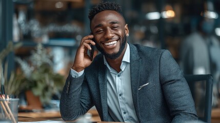 A man in formal attire is smiling on his phone in the office, reflecting the business and professional themes of corporate communication, career success, and a positive workplace atmosphere.