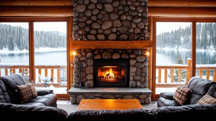 Fototapeta premium Cozy Mountain Lodge Living Room with Stone Fireplace and Winter Lake View Through Large Windows