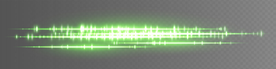 Green glowing waveform on transparent background with symmetrical audio lines and spark-like peaks. Great for sound effect design, media playback or music interface elements.