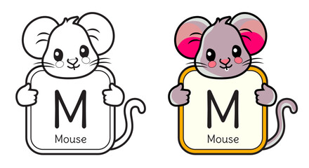 Animal Coloring with a Cute Cartoon Mouse Holding the Letter M