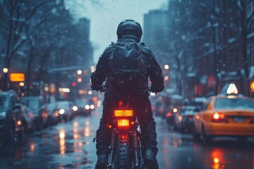 Fototapeta premium Rider on a motorcycle in snow, city street, rear view. Weather cold, wet road