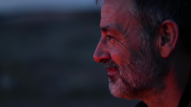 Man gazing thoughtfully at a sunset over a serene landscape, reflecting on life and nature's beauty - side smirk | smirk man