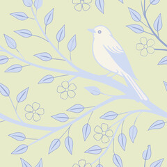 White Bird Leaves Seamless Pattern Esoteric Nature Silhouette Design