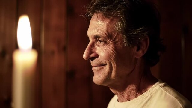 Man smiling warmly beside a flickering candle in a cozy wooden room, creating an inviting atmosphere - side smirk | smirk man