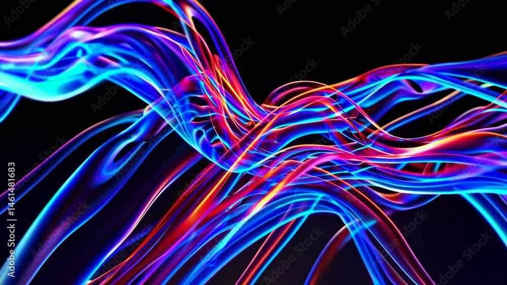 Poster dynamic neon light waves evolving in colorful motion across dark background