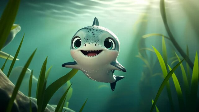 Cute cartoon dolphin swimming underwater