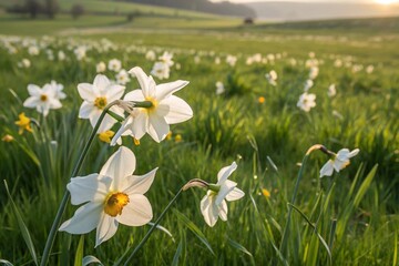 Blooming white daffodils with bright yellow hearts on a green meadow in spring. High quality photo
