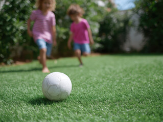 Fototapeta premium Children playing soccer on artificial grass with joy