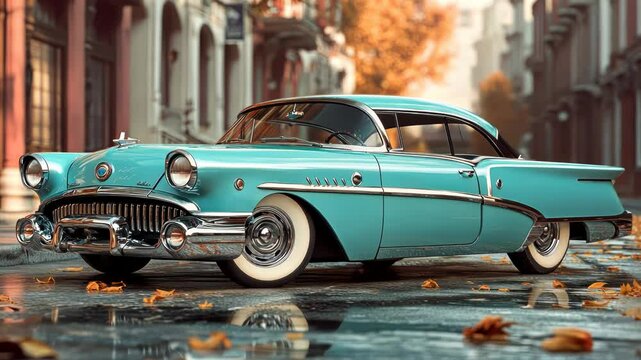 Vintage teal coupe on city street