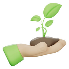 3d icon of hands holding green sprout in soil, representing sustainability, clean energy, and eco friendly concepts. Great for environmental projects on transparent background, 3d illustration