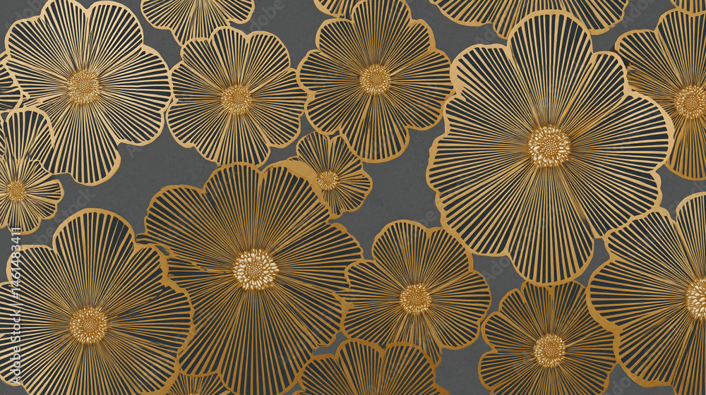 Poster gray background with gold stylized floral pattern, showcasing intricate lines and texture, represent