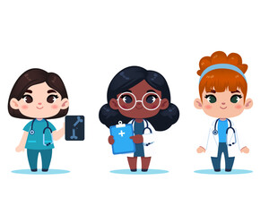 Set of famale doctor cartoon characters. Medical staff team concept
