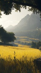 Obraz premium Golden wheat field and mountain range