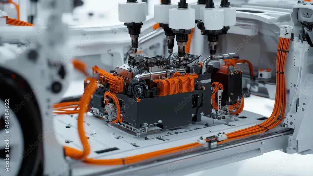 Aufkleber ev electric cars on a futuristic assembly line with robotic arms installing components, mechanical e
