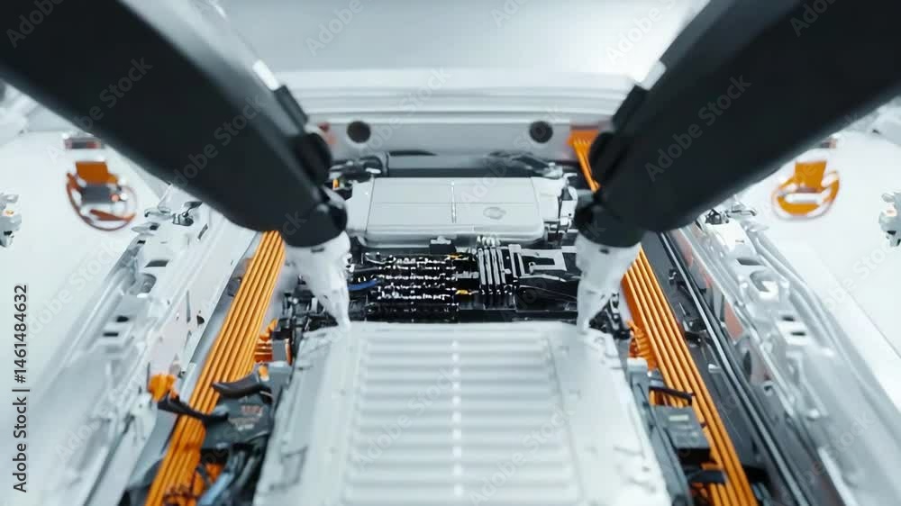 Aufkleber electric car battery production line with robotic arms installing components, mechanical engineering