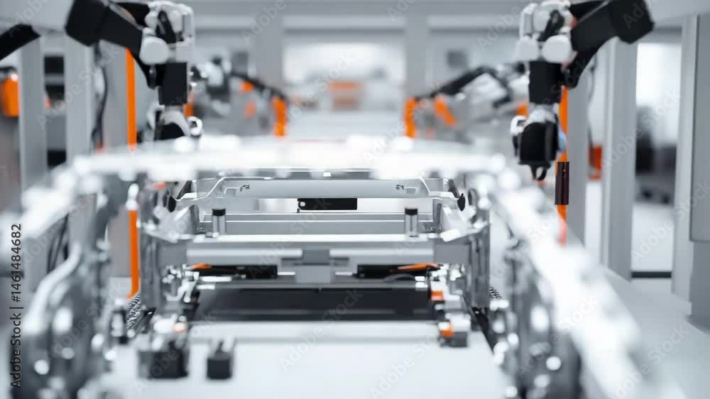 Aufkleber electric car battery production line with robotic arms installing components, mechanical engineering
