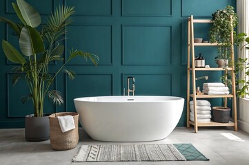 Fototapeta premium Modern bathroom interior featuring a white freestanding tub, wood shelf, and large plants.