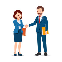 Businesswoman and Businessman Shaking Hands with Smiling Expression While Holding Document Folder Illustration