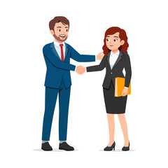 Cheerful businessman and businesswoman shaking hands happily after successful negotiation in meeting