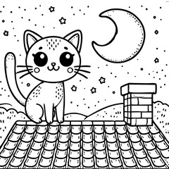 A dreamy cat sitting on a rooftop, gazing at the moon and stars in the night sky.