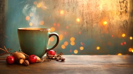 Obraz premium Warm autumn drink, bokeh background, wood table