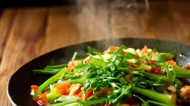 Steaming Nopalitos Cactus Salad in Black Bowl Displayed on Wooden Table Featuring Tomato and Fresh Vegetables a Culinary Delight with Vibrant Colors Perfect for Food Presentations