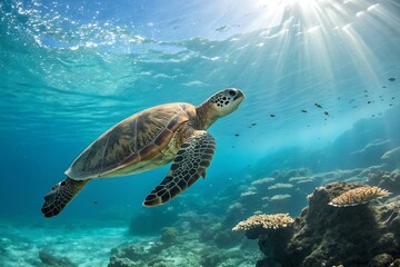 Obraz premium Underwater shot of a sea turtle swimming near a coral reef with sun rays.