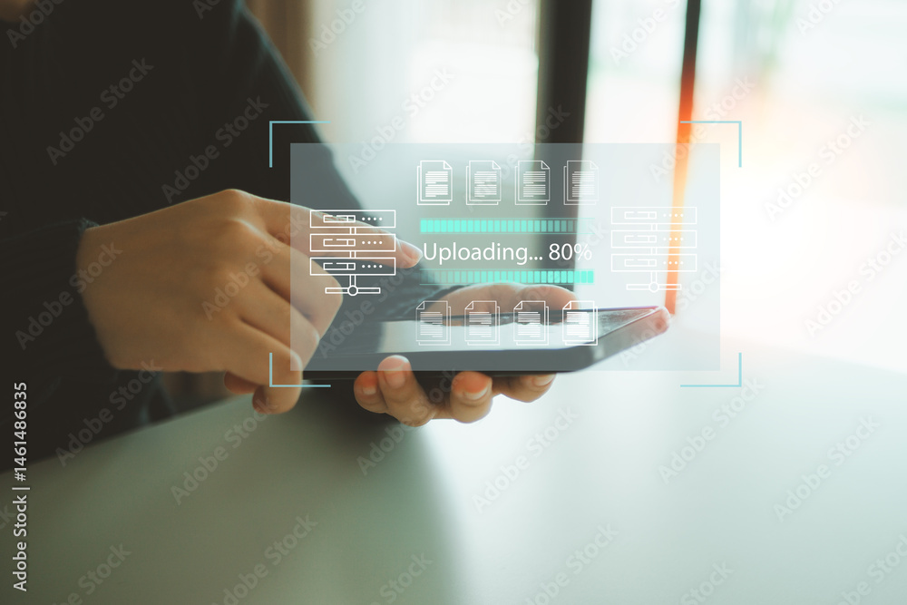 Poster businessman use laptop to review patient medical with operating system uploading concept. installati