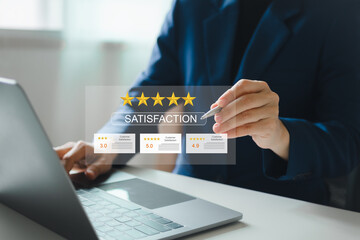 satisfaction service concept. rate satisfaction by smiling face and 5-star satisfaction, on online application. satisfaction feedback review, good quality most.