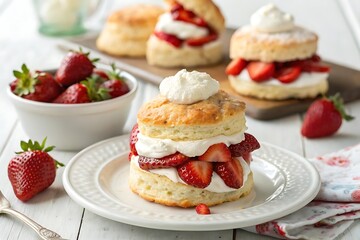 Close-up of a delicious strawberry shortcake with cream and fresh strawberries.