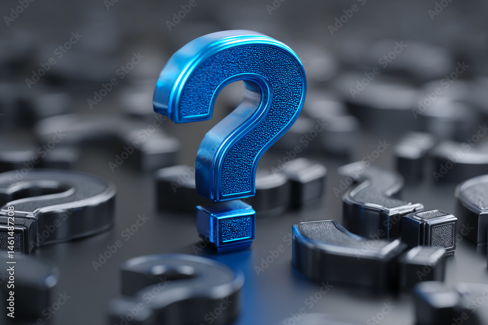 Poster blue metallic question mark stands out among gray ones, symbolizing curiosity, inquiry, and the sear