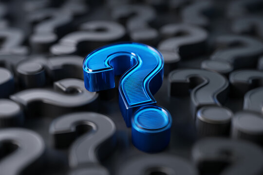 Blue question mark stands out among many gray question marks, symbolizing uniqueness, solution, or finding answers among many options