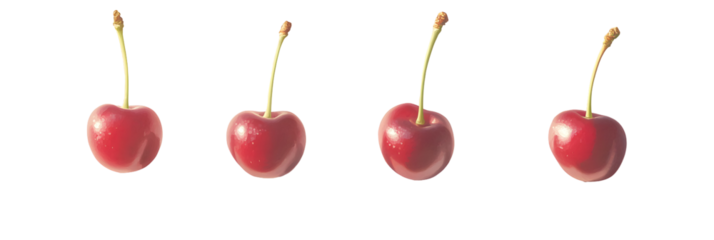Four digital cherries, pixelated, red, with stems