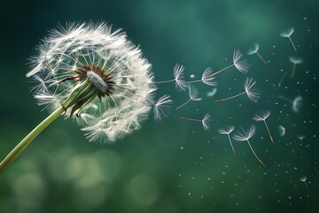 Close-up of a dandelion seed head releasing seeds into the wind.
