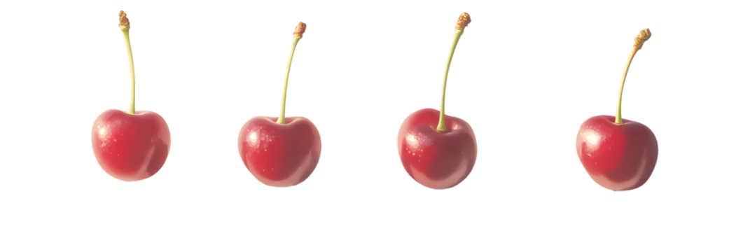 Four digital cherries, pixelated, red, with stems