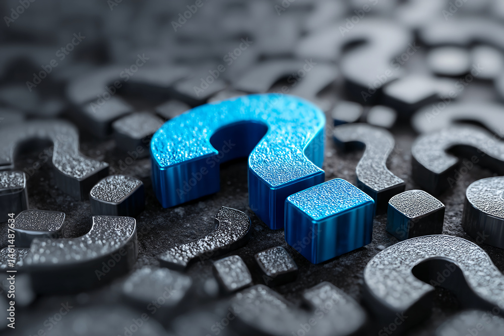 Poster close-up of a blue question mark among many gray ones, textured surface, representing the search for