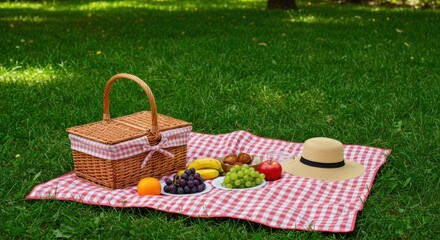 A picnic basket with fruit and a hat on a red and white checkered blanket in a grassy field
