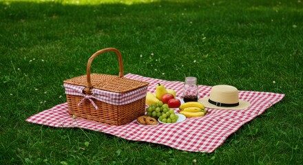 A picnic basket with fruit and a hat on a red and white checkered blanket in a grassy field outdoors