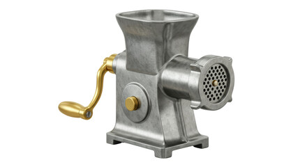 Isolated Vintage Meat Grinder with Golden Accents