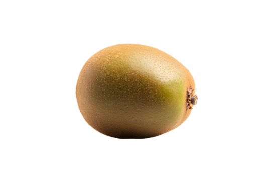 Single ripe kiwi, light golden-brown hue, slight green patches, smooth skin, isolated on black background