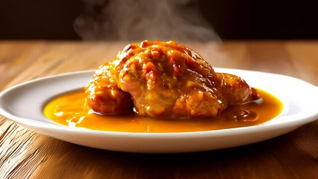 Steaming Pork Loin Adobo on White Plate with Golden Sauce Over Wooden Table Warm Lighting High Angle Close Up