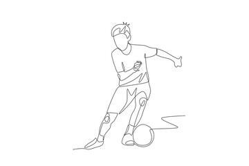 Boy dribbling the ball. Kid footsal concept one-line drawing