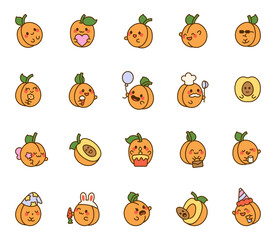 Apricot cartoon characters in kawaii style smiling celebrating eating drinking reading sleeping holding hearts balloons flowers and wearing hats and costumes