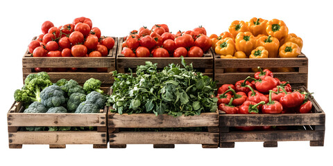 Fresh produce in wooden crates, featuring tomatoes, bell peppers, and broccoli