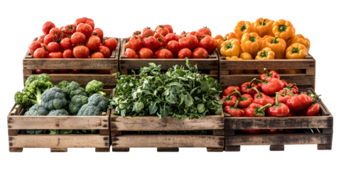 Fresh produce in wooden crates, featuring tomatoes, bell peppers, and broccoli