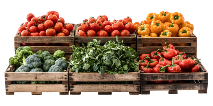 Fresh produce in wooden crates, featuring tomatoes, bell peppers, and broccoli